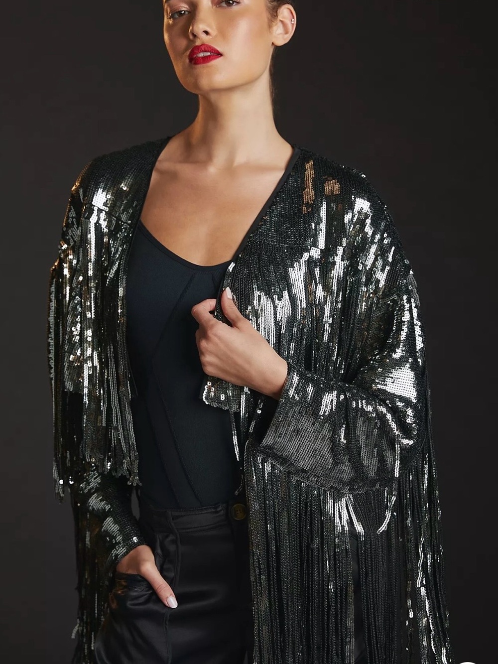 NWOT Anthropologie Black Sequin Fringe Jacket - Picture 2 of 11